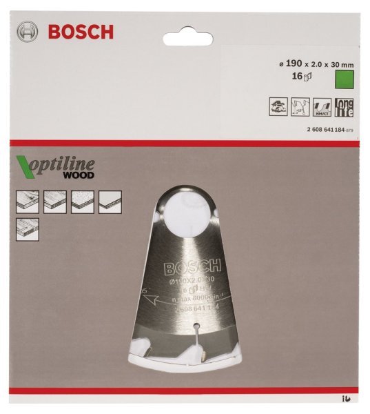 Bosch - Optiline Serisi Ahşap için Daire Testere Bıçağı 190*30 mm 16 Diş 2608641184