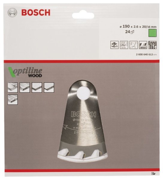 Bosch - Optiline Serisi Ahşap için Daire Testere Bıçağı 190*20 16 mm 24 Diş 2608640612