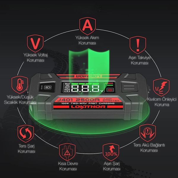 LOKITHOR J401 12V 2500Amp Li-Polimer Akıllı Akü Takviye + Powerbank + Led Lamba