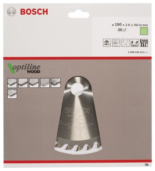 Bosch - Optiline Serisi Ahşap için Daire Testere Bıçağı 190*20 16 mm 36 Diş 2608640613