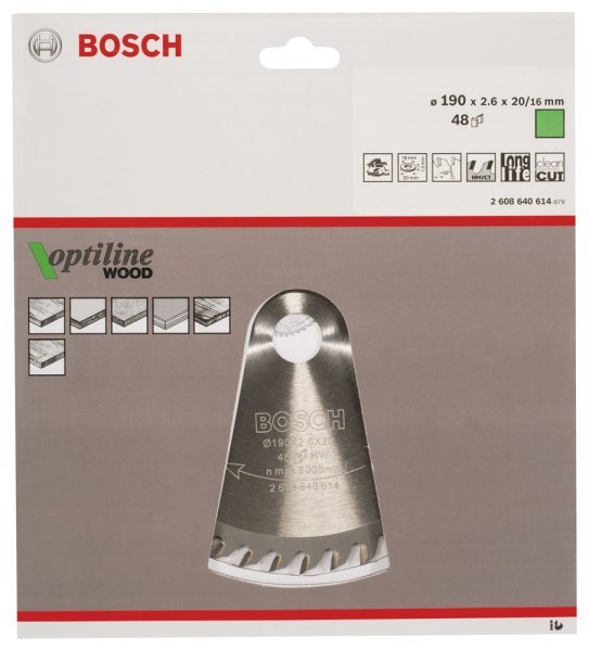 Bosch - Optiline Serisi Ahşap için Daire Testere Bıçağı 190*20 16 mm 48 Diş 2608640614