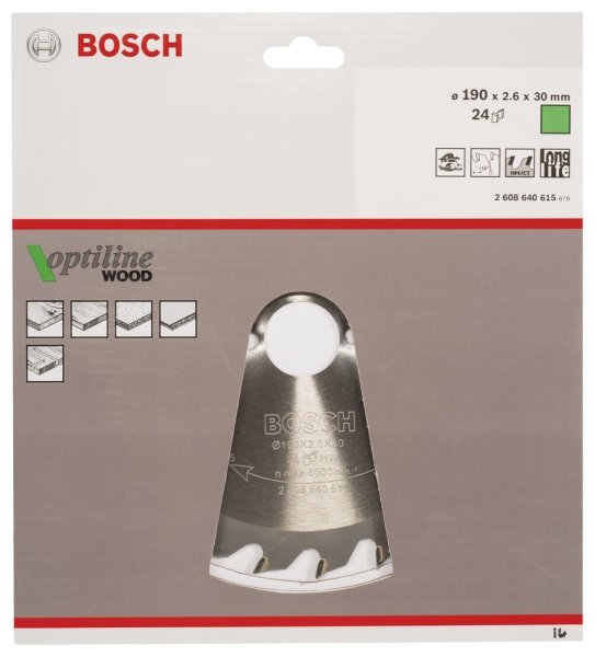 Bosch - Optiline Serisi Ahşap için Daire Testere Bıçağı 190*30 mm 24 Diş 2608640615