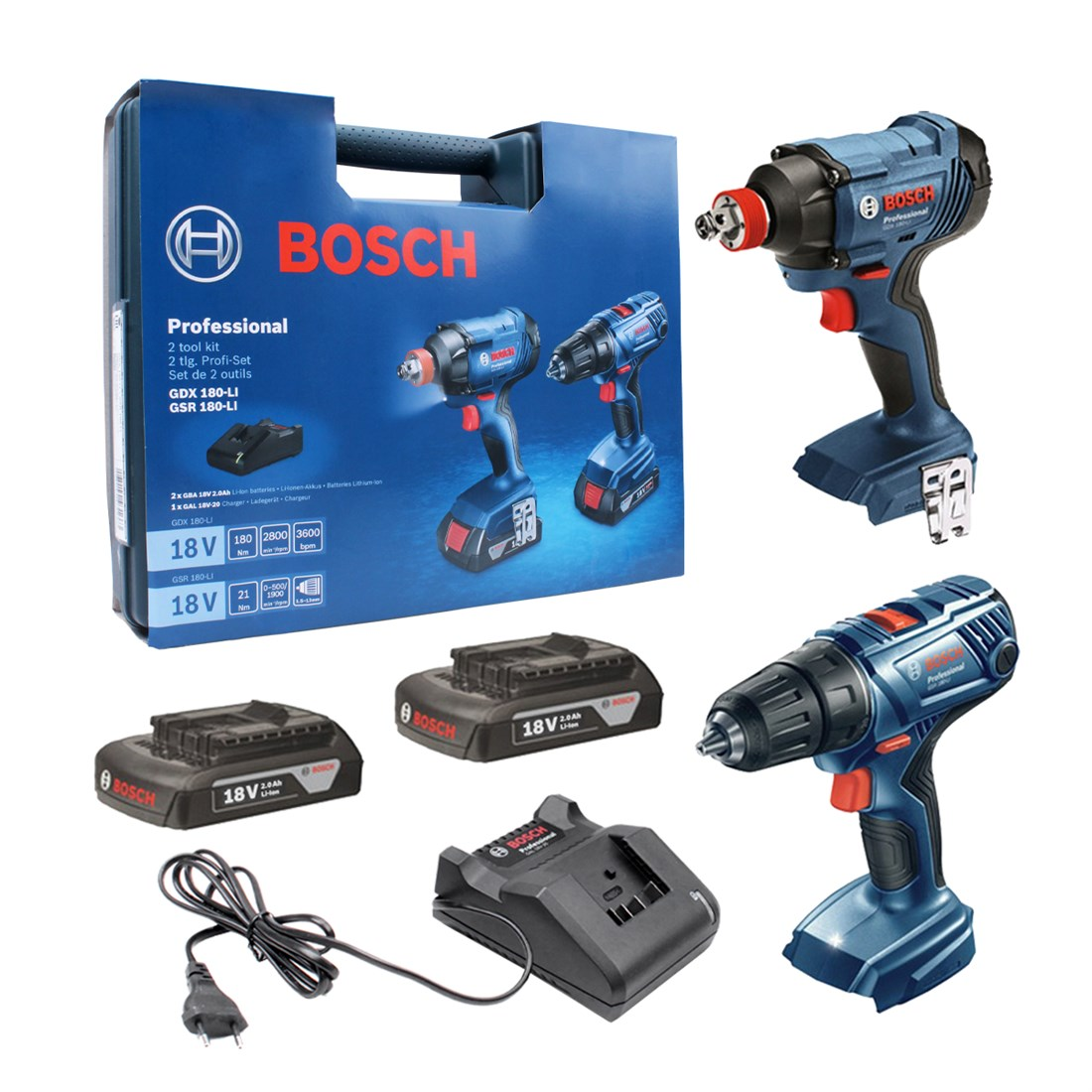 Bosch Professional GSR 180-LI + GDX 180-LI Set (2 x 2 Ah) - 06019G5222