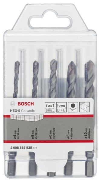 Bosch - Altıgen Şaftlı, HEX-9 Serisi HEX-9 Serisi Seramik için Matkap Ucu 5'li Set 4-5-6-8-10 mm 2608589528