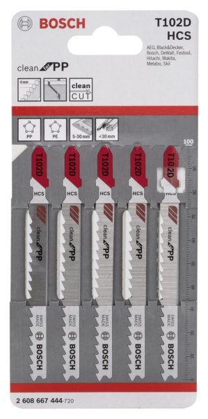 Bosch - Temiz Kesim Serisi Polipropilen İçin T 102 D Dekupaj Testeresi Bıçağı - 5'Li Paket 2608667444