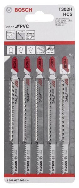 Bosch - Temiz Kesim Serisi PVC İçin T 302 H Dekupaj Testeresi Bıçağı - 5'Li Paket 2608667448