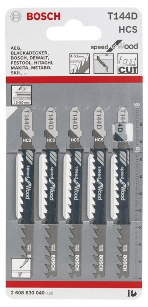 Bosch - Hızlı Kesim Serisi Ahşap İçin T 144 D Dekupaj Testeresi Bıçağı - 5'Li Paket 2608630040