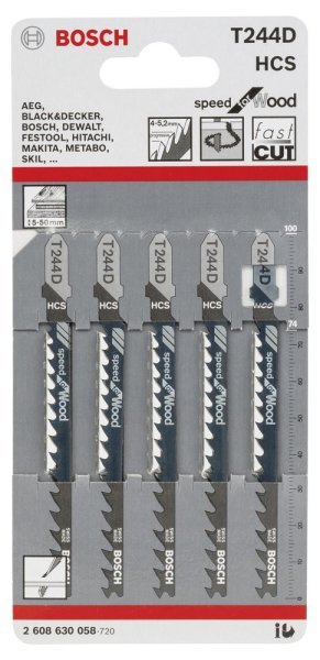 Bosch - Hızlı Kesim Serisi Ahşap İçin T 244 D Dekupaj Testeresi Bıçağı - 5'Li Paket 2608630058