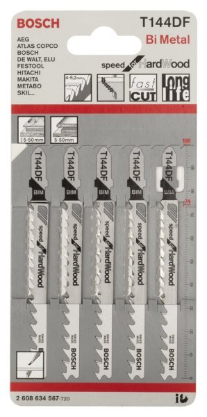 Bosch - Hızlı Kesim Serisi Sert Ahşap İçin T 144 DF Dekupaj Testeresi Bıçağı - 5'Li Paket 2608634567