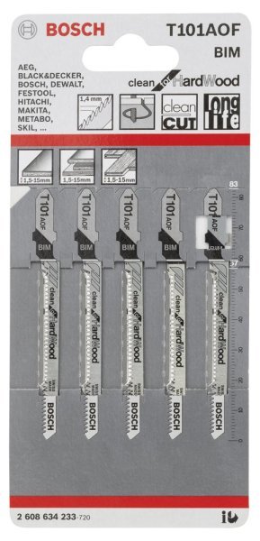 Bosch - Temiz Kesim Serisi Sert Ahşap İçin T 101 AOF Dekupaj Testeresi Bıçağı - 5'Li Paket 2608634233