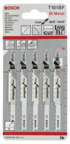 Bosch - Temiz Kesim Serisi Sert Ahşap İçin T 101 BF Dekupaj Testeresi Bıçağı - 5'Li Paket 2608634234