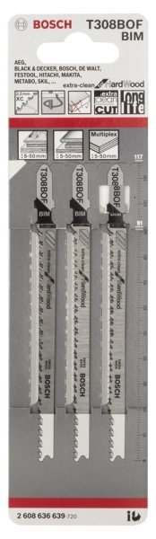 Bosch - Extra Temiz Kesim Serisi Sert Ahşap İçin T 308 BOF Dekupaj Testeresi Bıçağı - 3'Lü Paket 2608636639