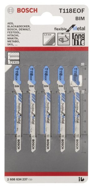Bosch - Kırılmaya Karşı Dayanıklı Seri Metal İçin T 118 EOF Dekupaj Testeresi Bıçağı - 5'Li Paket 2608634237