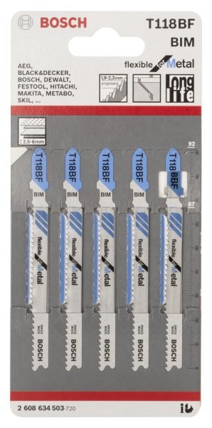 Bosch - Kırılmaya Karşı Dayanıklı Seri Metal İçin T 118 BF Dekupaj Testeresi Bıçağı - 5'Li Paket 2608634503