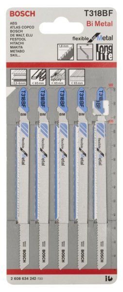 Bosch - Kırılmaya Karşı Dayanıklı Seri Metal İçin T 318 BF Dekupaj Testeresi Bıçağı - 5'Li Paket 2608634242