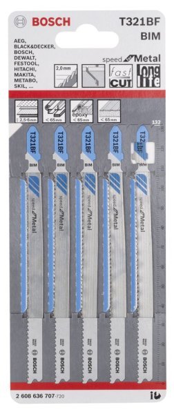 Bosch - Hızlı Kesim Serisi Metal İçin T 321 BF Dekupaj Testeresi Bıçağı - 5'Li Paket 2608636707