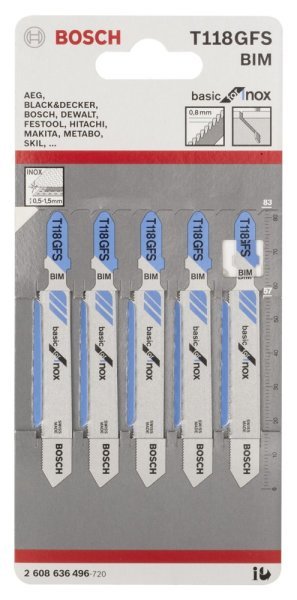 Bosch - Ekonomik Seri Inox (Paslanmaz Çelik) İçin T 118 GFS Dekupaj Testeresi Bıçağı - 5'Li Paket 2608636496