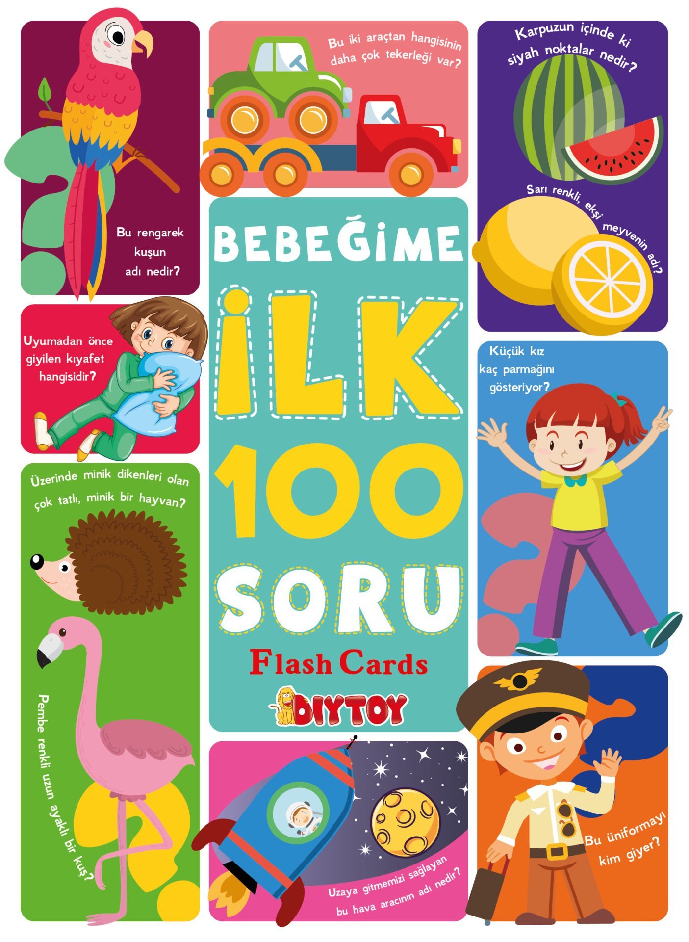 DİYTOY İlk 100 Soru Zeka Kartları – Bebekler İçin Eğitici Flash Kartlar | 12 Ay+ Konuşma ve Zeka Gelişimi | Destekli