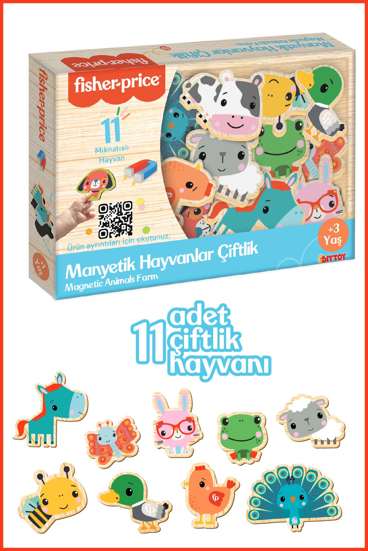 Fisher-Price 11 Mıknatıslı Ahşap Görünümlü Çiftlik Hayvanları Buzdolabı ve Metal Yüzeylere Yapışan Magnet Puzzle
