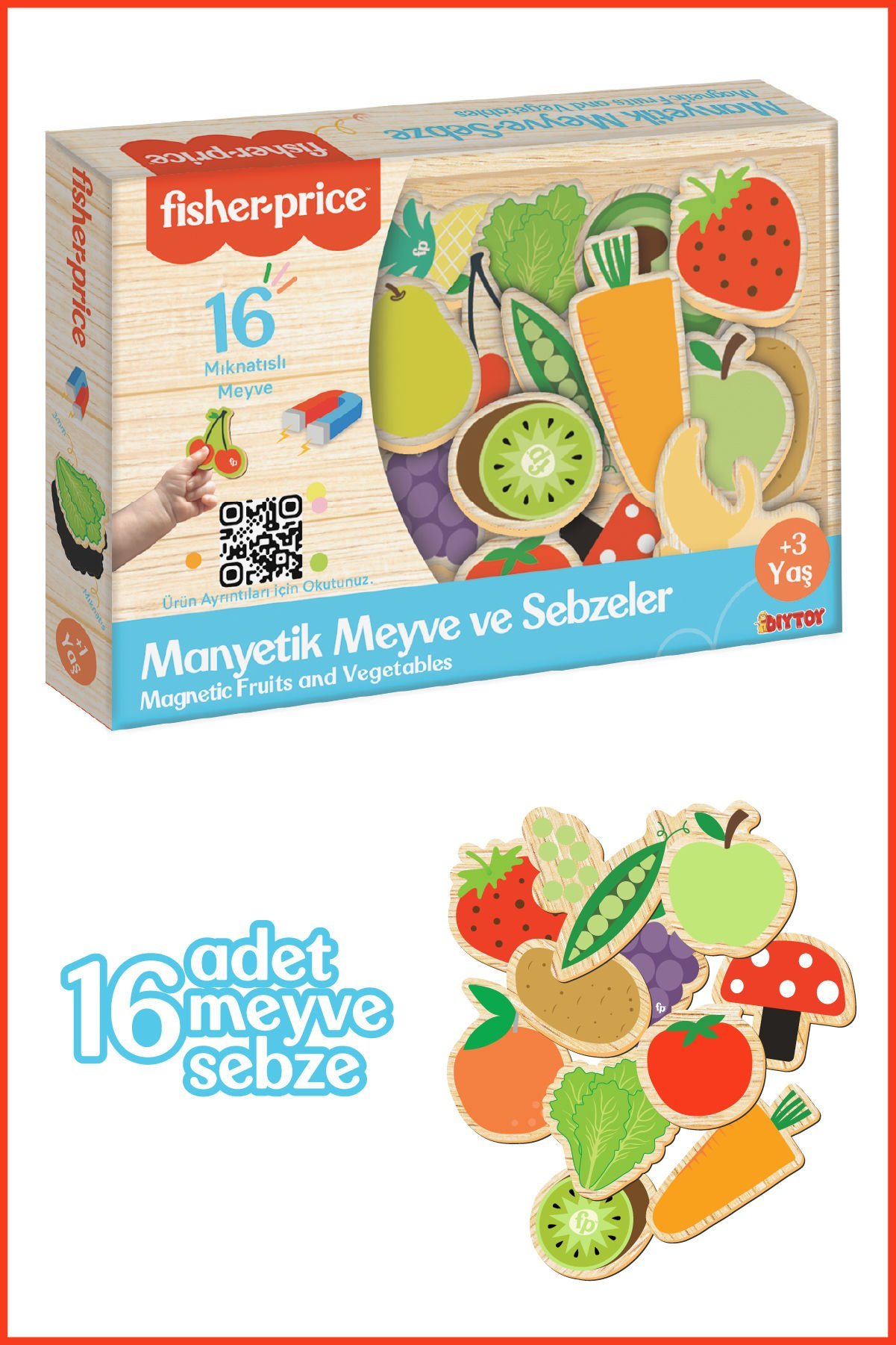 Fisher-Price 16 Mıknatıslı Ahşap Görünümlü Meyve ve Sebzeler Buzdolabı ve Metal Yüzeylere Yapışan Magnet Puzzle