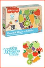 Fisher-Price 16 Mıknatıslı Ahşap Görünümlü Meyve ve Sebzeler Buzdolabı ve Metal Yüzeylere Yapışan Magnet Puzzle