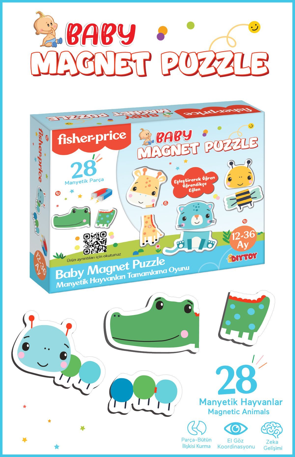 Fisher-Price 12-36 Ay 28 Parça Manyetik Hayvan Tamamlama Buzdolabı Magnet Puzzle