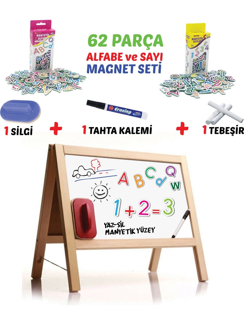 Diytoy Masasüstü Manyetik Yazı Tahtası | 62 Parça Çift Taraflı Beyaz Yaz-Sil & Kara Tahta