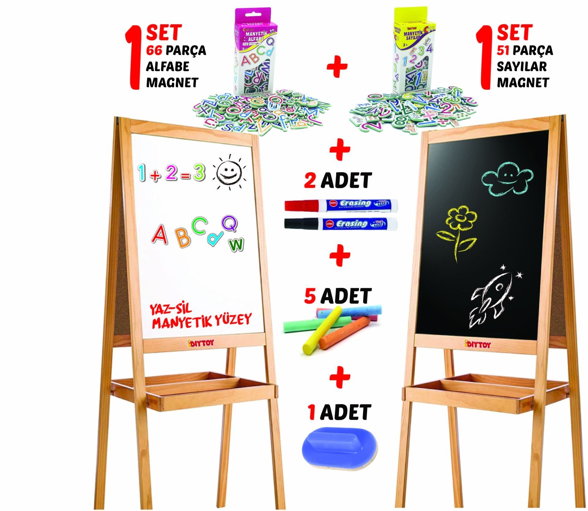 Diytoy Ahşap Yazı Tahtası Çift Taraflı Manyetik Özellikli Yaz Sil |  Manyetik Alfabe Sayılar