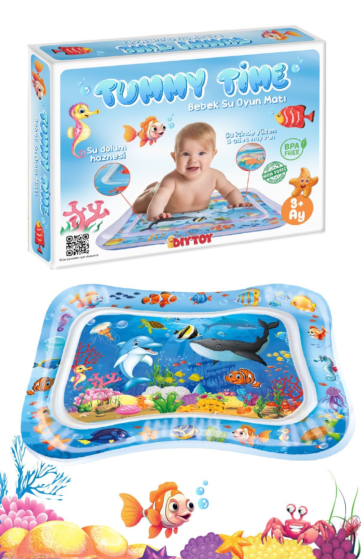 Diytoy Bebek Su Oyun Matı - Tummy Time Karın Üstü Aktivite Zamanı Eğlencesi Şişirilebilen