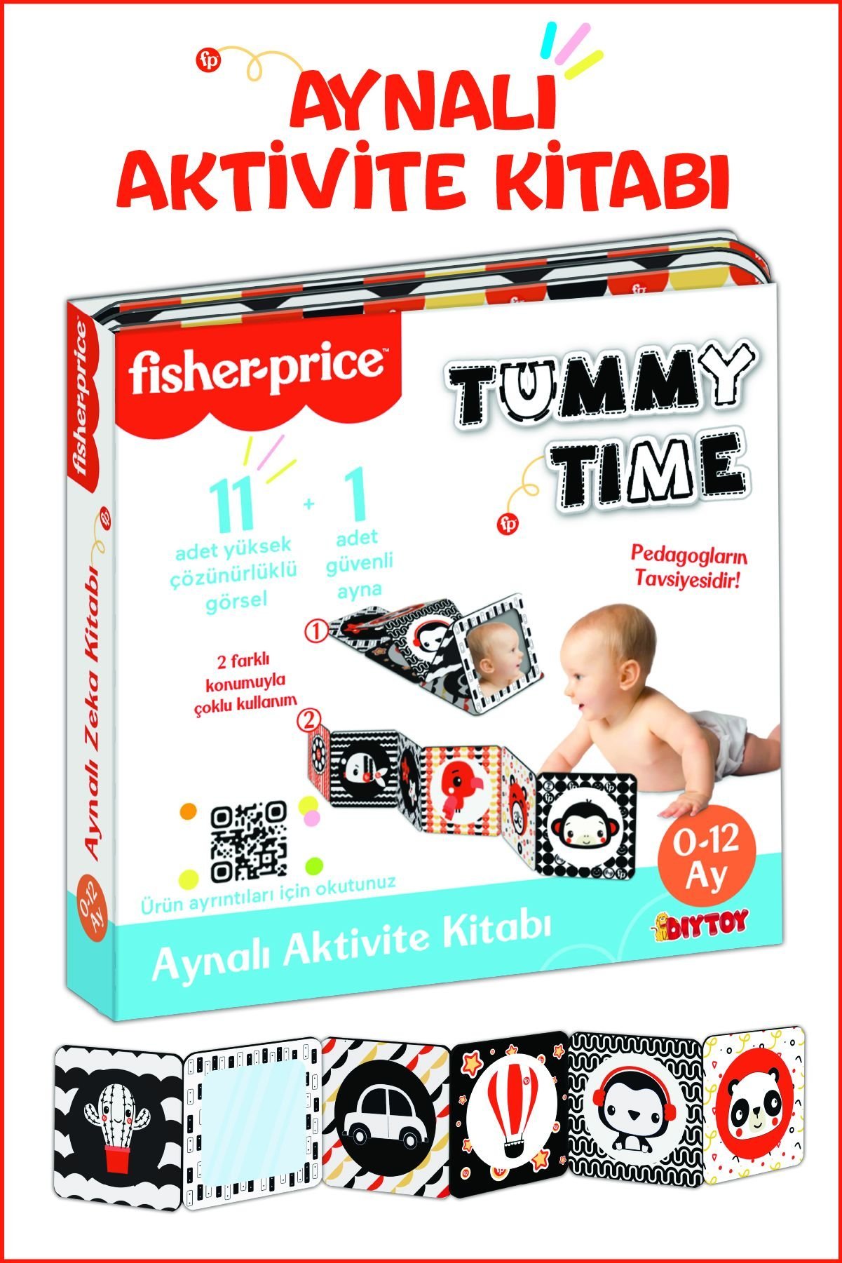 Fisher-Price Tummy Time Aynalı Aktivite Kitabı – 11 Yüksek Çözünürlüklü Görsel, Güvenli Ayna, Akordiyon Kitap