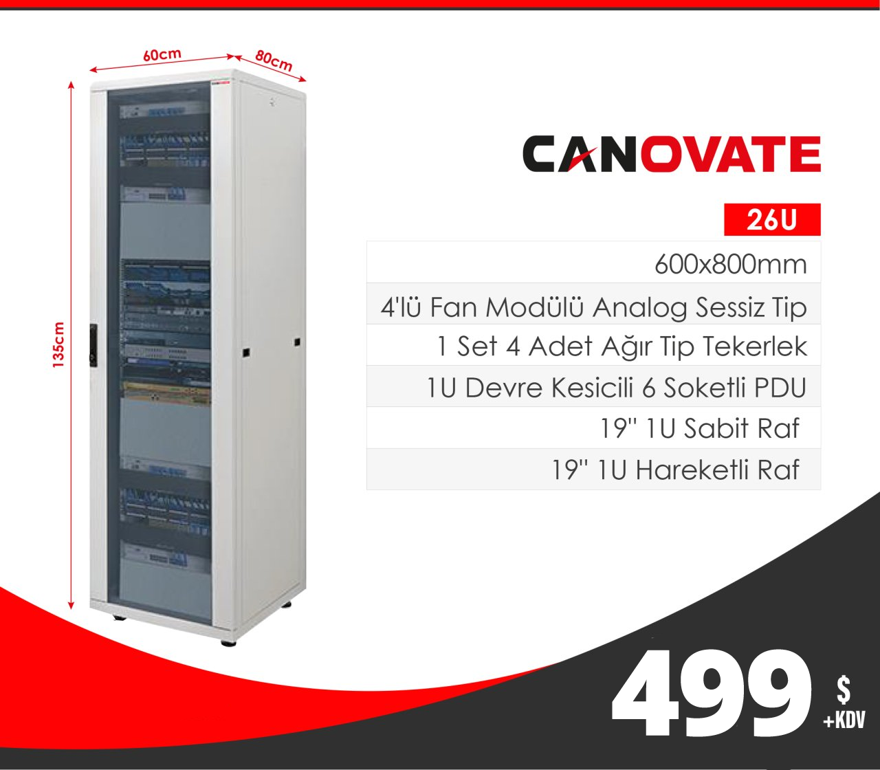 Canovate 26U 600x800 Inorax-ST Serisi Dikili Tip 19'' Network Rack Kabinet
