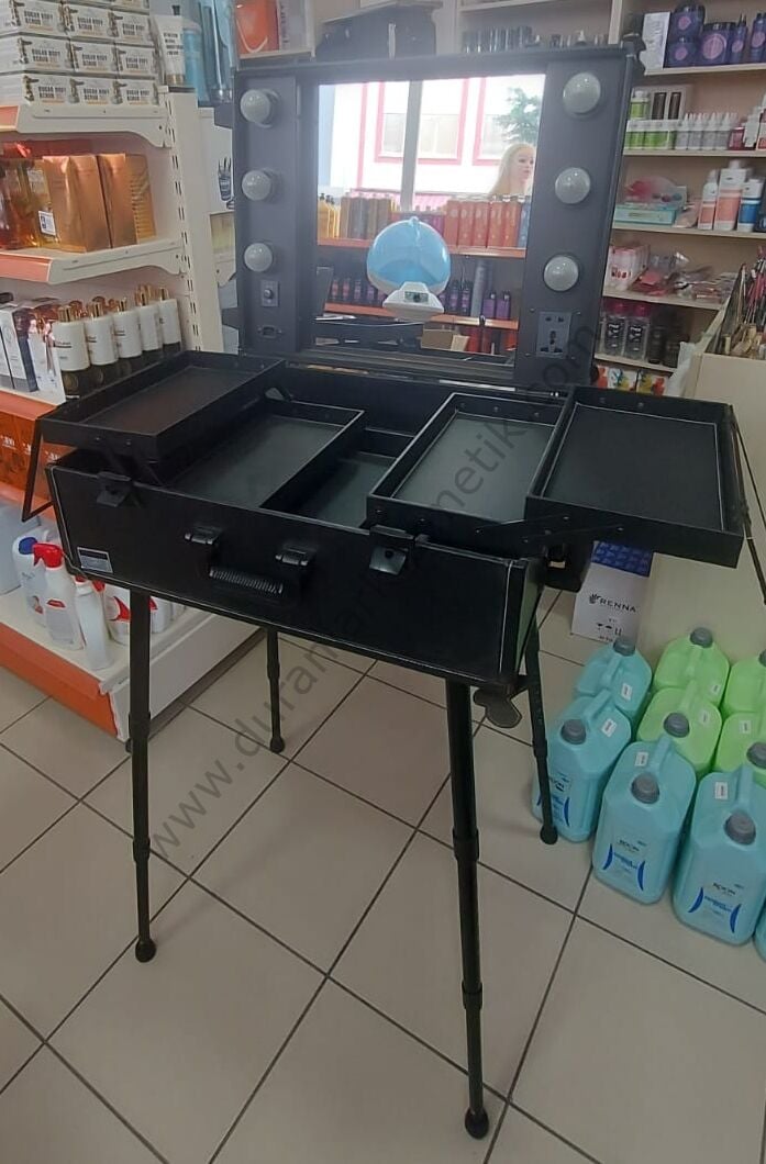 Işıklı seyyar makyaj çantası-tezgahı deri kaplı BF-595T-B