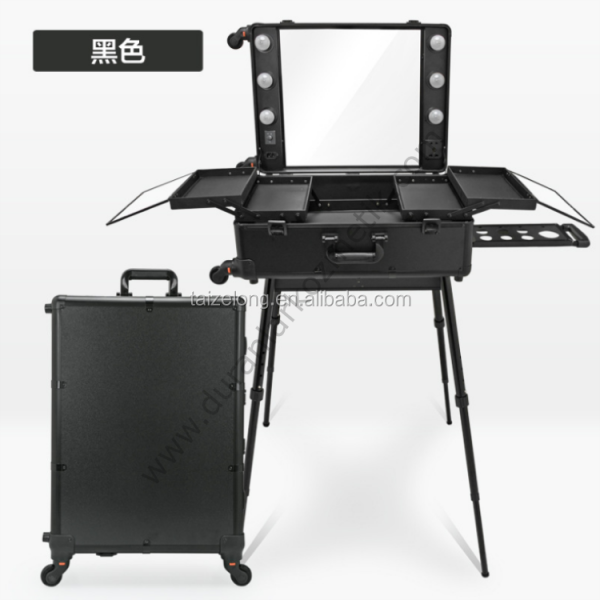 Işıklı seyyar makyaj çantası-tezgahı deri kaplı BF-595T-B