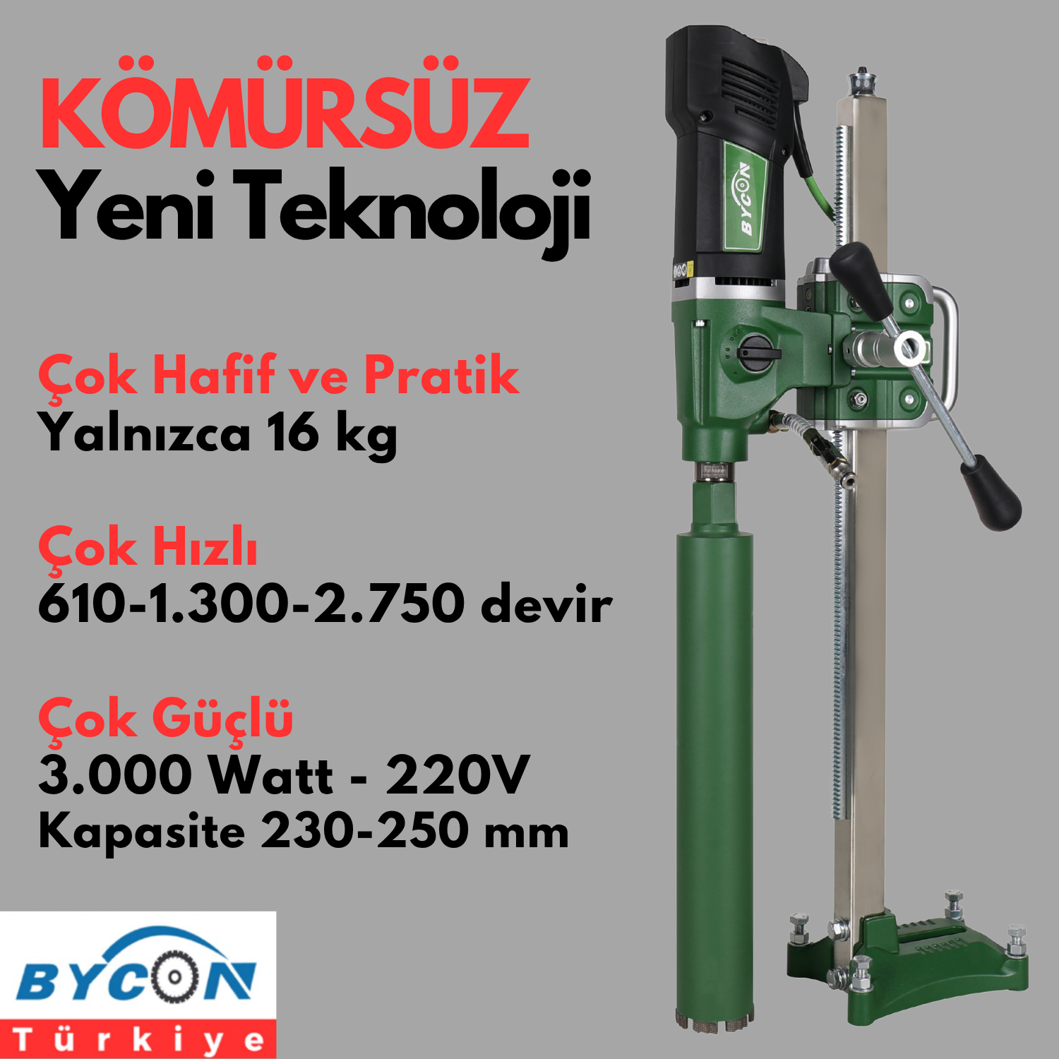 KÖMÜRSÜZ 230 MM DELME KAPASİTELİ KOMPAKT SABİT SEHPALI KAROT SETİ