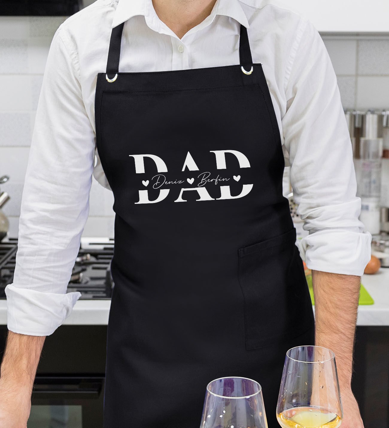 BK Gift Kişiye Özel İsimli Babalar Günü Tasarımlı Profesyonel Siyah Mutfak Önlüğü-15, Aşçı Önlüğü, Şef Önlüğü, Babaya Hediye