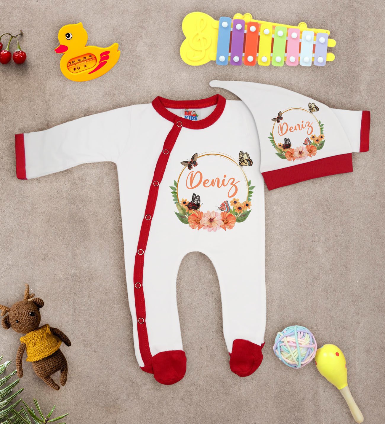 BK Kids Kişiye Özel Bebek Kıyafeti, Bebek Giyim Hediyesi, Tulum Zıbın ve Kukuletalı Şapka Seti-16