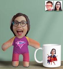 BK Gift Kişiye Özel Fotoğraflı Pembe Süper Anne Bebek Yastık ve Kupa Bardak Hediye Seti-2, Anneye Hediye, Anneler Günü Hediyeleri