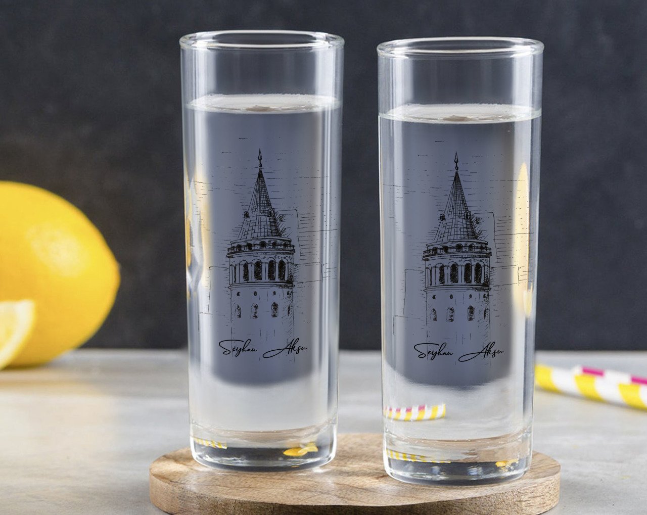 Kişiye Özel Renkli Baskılı Galata Kulesi Tasarımlı İkili Vodka Bardağı-11