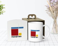 Kişiye Özel Ahşap Kutuda Mondrian Style Tasarımlı Beyaz Kupa Bardak-1