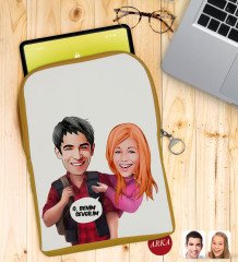 Kişiye Özel Sevgililer Karikatürlü Taşınabilir Koruyucu Tablet Kılıfı & Organizer Çanta - Sarı-91