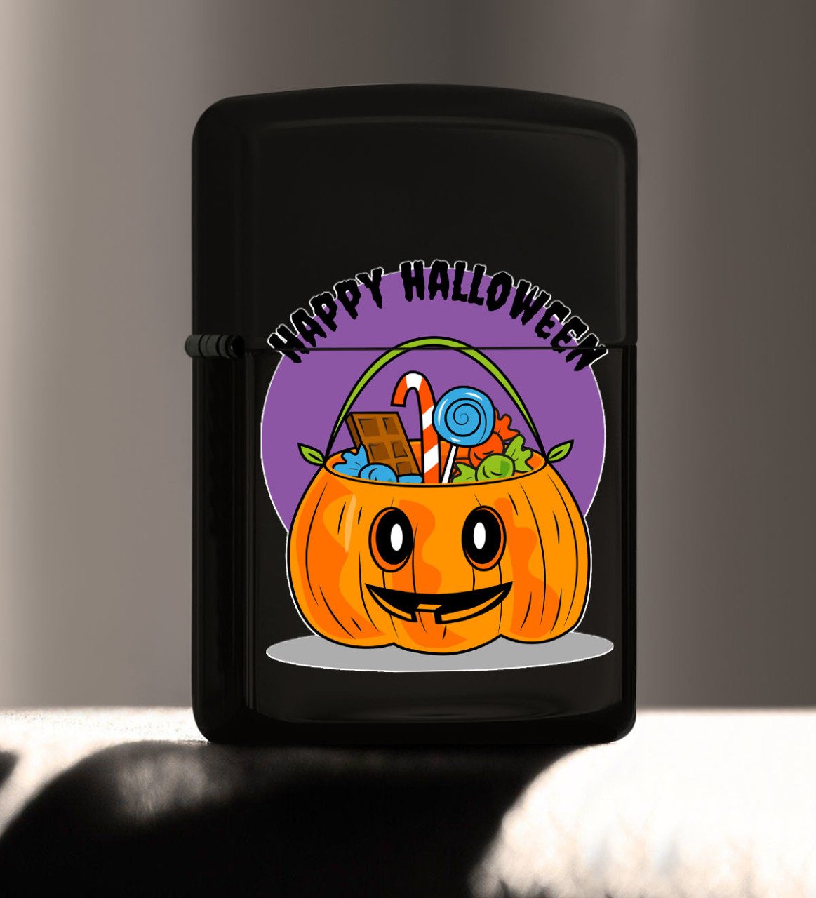 BK Gift Happy Halloween Tasarımlı Renkli Baskılı Siyah Benzinli Metal Çakmak-11