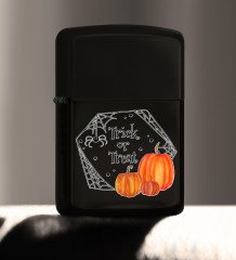 BK Gift Halloween Trick or Treat Tasarımlı Renkli Baskılı Siyah Benzinli Metal Çakmak-2