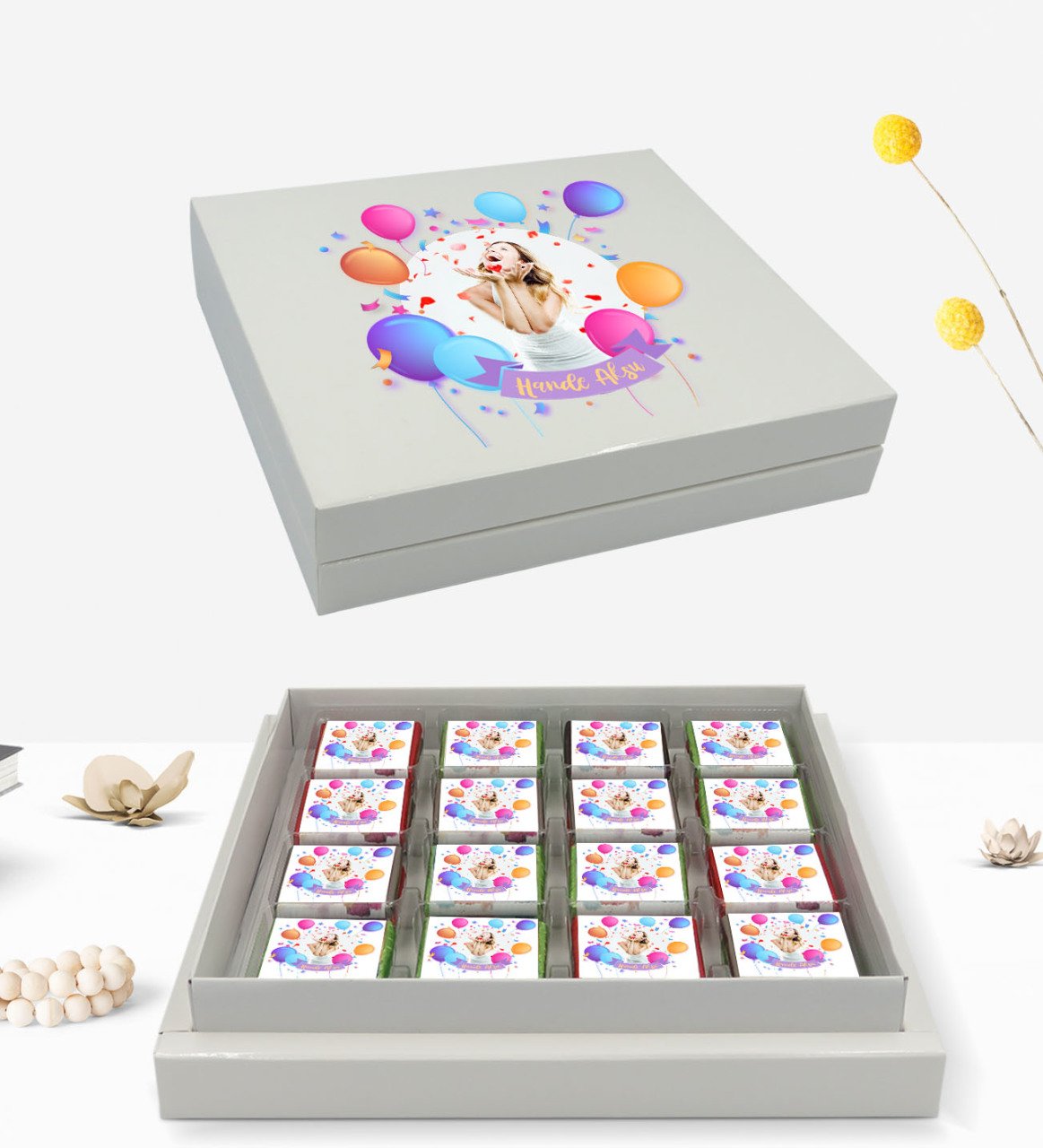 Kişiye Özel Kutuda Fotoğraflı Doğum Günü Tasarımlı 48'lı Madlen Çikolata Hediye Seti-5