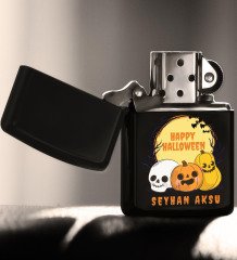 Kişiye Özel Happy Halloween Tasarımlı Renkli Baskılı Siyah Benzinli Metal Çakmak-4