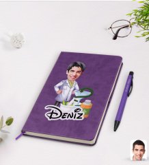 Kişiye Özel Erkek Eczacı Karikatürlü Mor Termo Deri Defter Kalem Seti Model 2