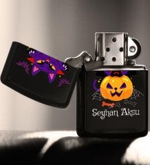 Kişiye Özel Happy Halloween Tasarımlı Renkli Baskılı Siyah Benzinli Metal Çakmak-13