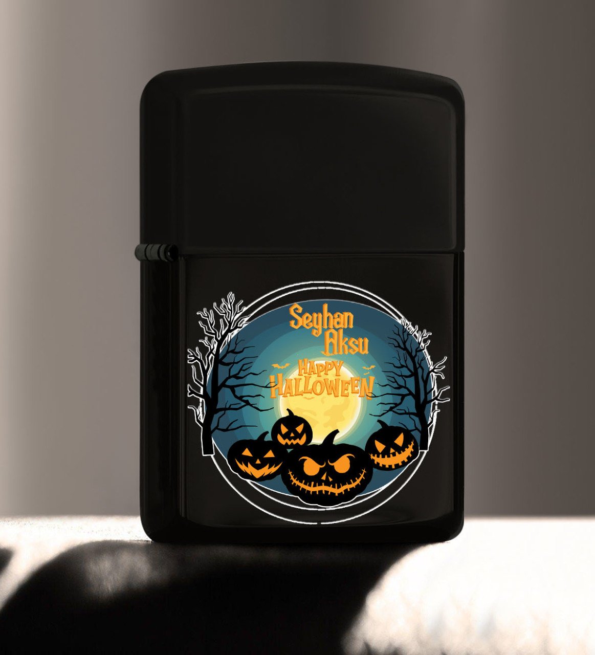 Kişiye Özel Happy Halloween Tasarımlı Renkli Baskılı Siyah Benzinli Metal Çakmak-14