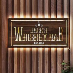 BK Gift Kişiye Özel Led Işıklı Ahşap Bar Tabelası(46x23cm)-26, Home Bar Tabela, Rustik Ev Dekorasyonu, Duvar Dekoru