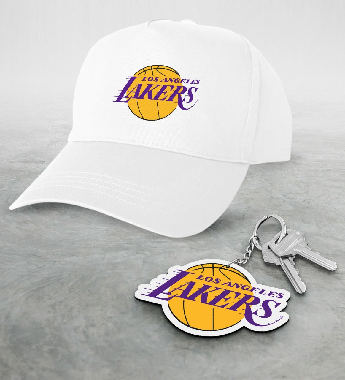 NBA Los Angeles Lakers Beyaz Şapka ve Ahşap Anahtarlık Seti