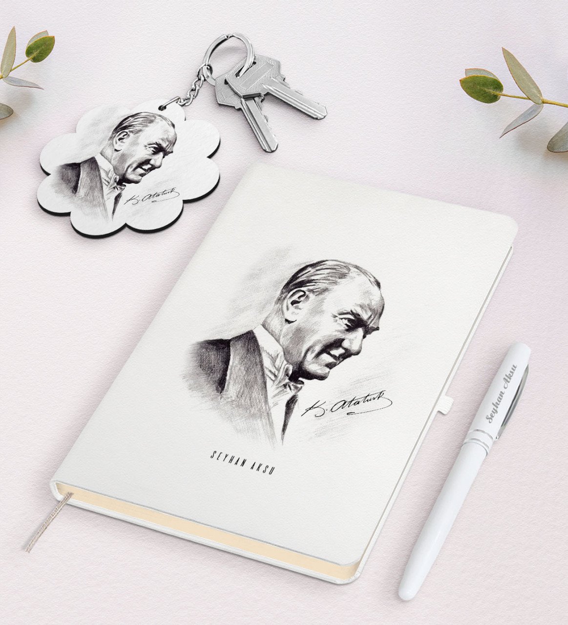 Kişiye Özel Atatürk Temalı Beyaz Defter Kalem ve Anahtarlık Hediye Seti-10